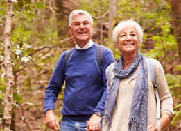 A picture of an older couple taking a stroll through the forest