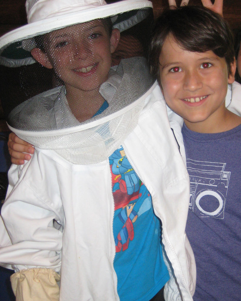 Two young boys posing for a picture. One of them appears to be in a bee suit.