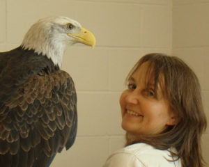 Woman poses with bald eagle
