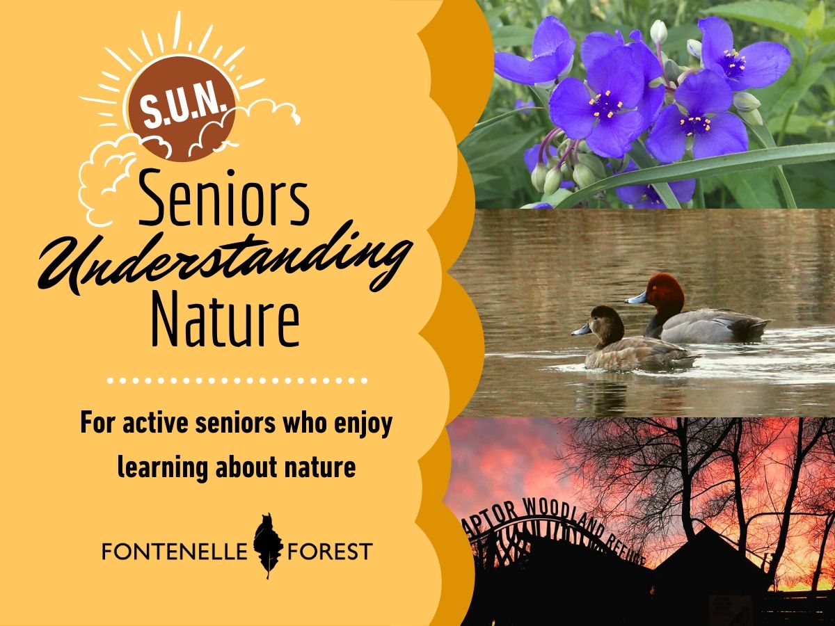 Three outdoor pictures, with yellow on the left side. It has the text, "S.U.N. Seniors Understanding Nature Fore active seniors who enjoy learning about nature" with the Fontenelle Forest logo in black.