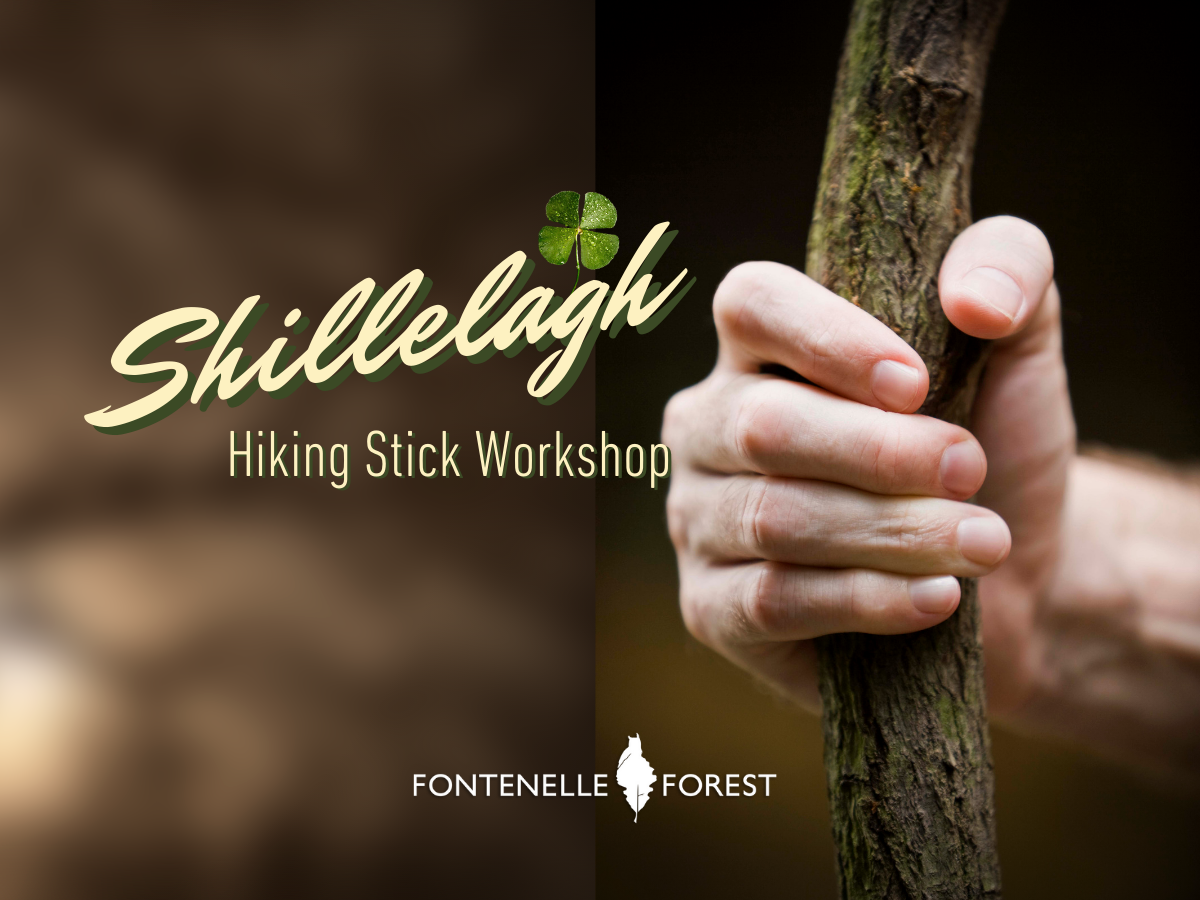 A picture of a hand holding a curved branch with the words, "Shillelagh Hiking Stick Workshop" and the Fontenelle Forest logo.