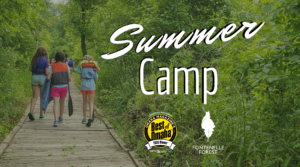 three people walking on the boardwalk with the text "Experience Summer Camp at the Forest!" and the Best of Omaha logo