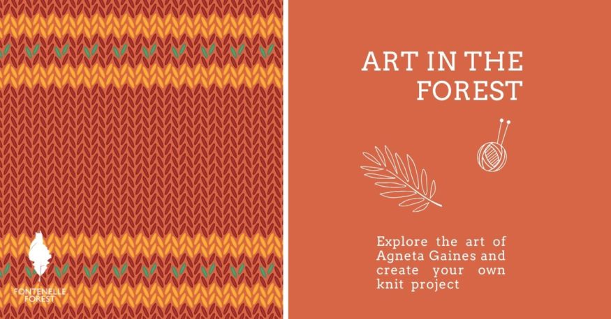 A picture of an orange knitted pattern on one side. On the other side, an orange background with a leaf and gord icon with the text, "ART IN THE FOREST" and some smaller text.