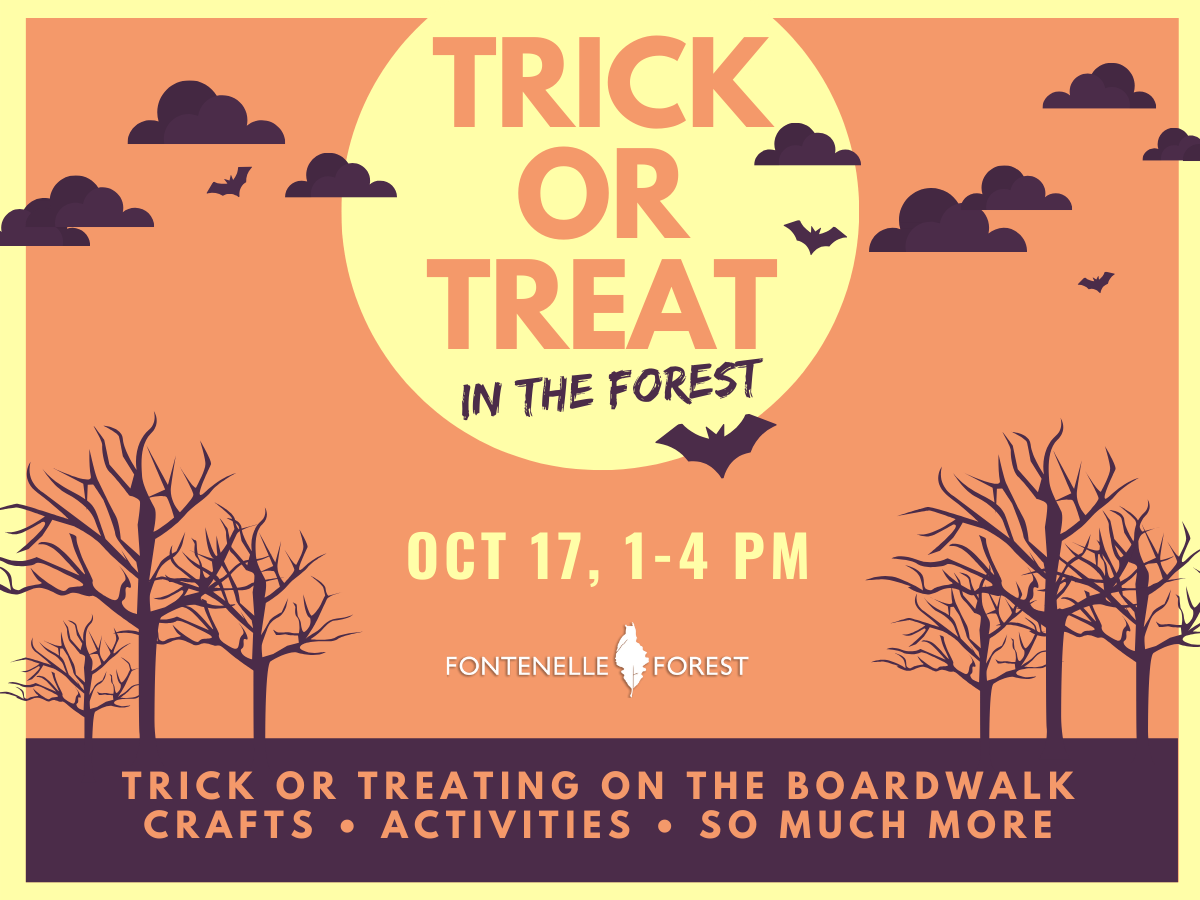 an orange background with silhouettes of trees and clouds. It has the text, "TRICK OR TREAT IN THE FOREST OCT 17. 1-4PM" then the Fontenelle Forest logo. It has a dark purple footer with the orange text, "TRICK OR TREATING ON THE BOARDWALK CRAFTS + ACTIVITIES + SO MUCH MORE"