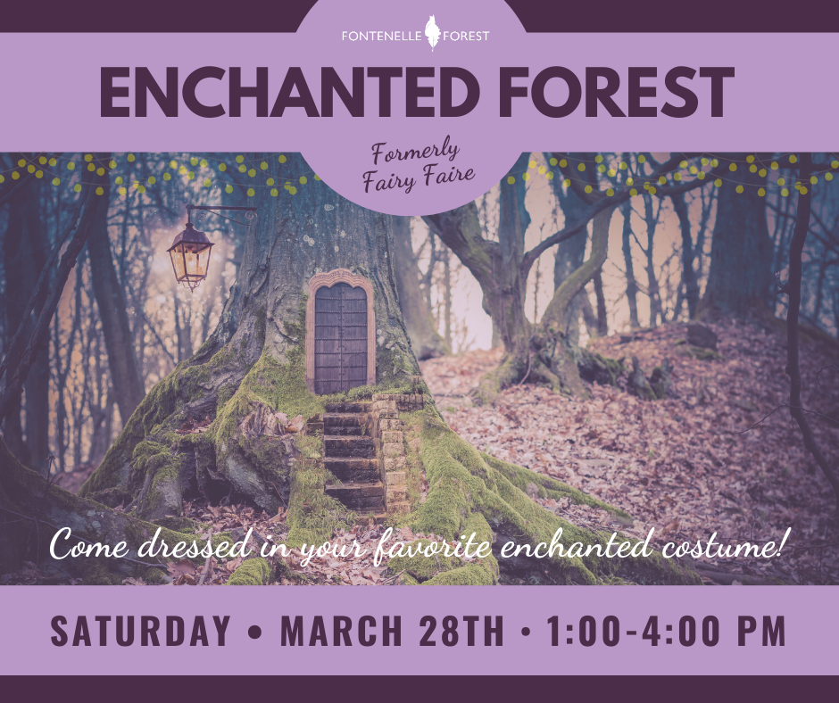 A picture of a forest with a purple header that has the white Fontenelle Forest logo and the text, "ENCHANTED FOREST" and smaller text. It also has near the bottom of the picture the text, "Come dressed in your favorite enchanted costume!" and in a purple banner at the bottom, "SATURDAY MARCH 28TH 1:00 - 4:00 PM".