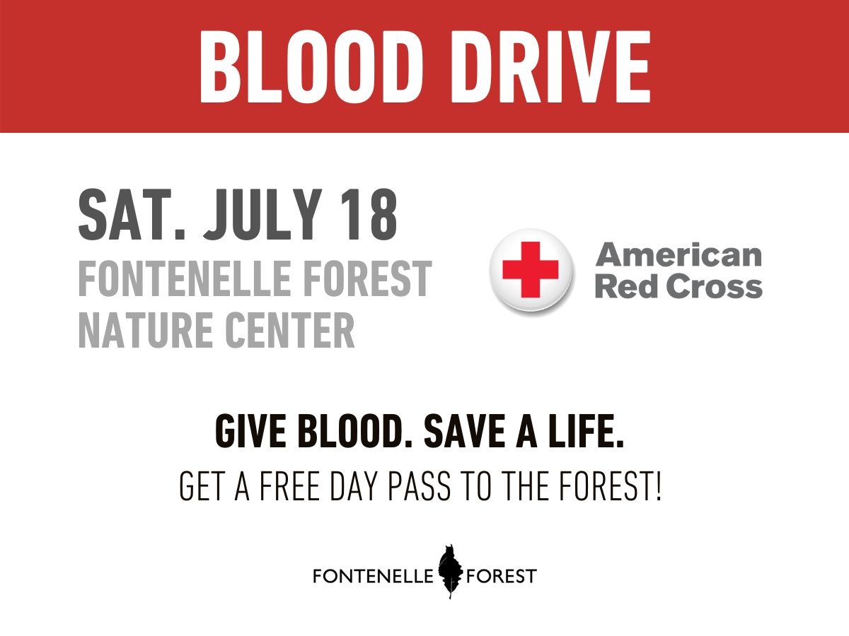 a white background. It has a red header with the white text "BLOOD DRIVE". It has the gray text in the body, "SAT. JULY 18 FONTENELLE FOREST N ATURE CENTER", the American Red Cross logo with the label "American Red Cross", And the black text, "GIVE BLOOD. SAVE A LIFE, GET A FREE DAY PASS TO THE FOREST" and the Fontenelle Forest in black.