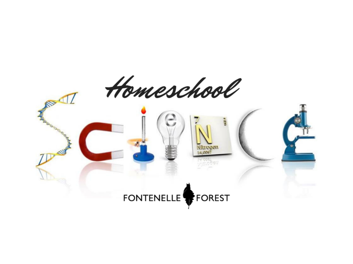 The text "Homeschool science" with science made out of scientific type icons like magnets and microscopes. It has the Fontenelle Forest logo.