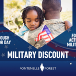 A picture of a member of the military holding a child. Framed in blue with white text, "THROUGH LABOR DAY FOR ACTIVE MILITARY MILITARY DISCOUNT" with the Fontenelle Forest logo