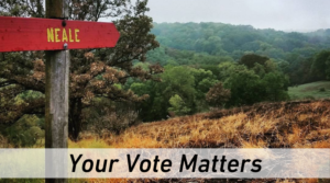 a path on a hillside with a sign post made out of wood on a clear day. It contains a white banner near the bottom. It contains the text "Your Vote Matters".