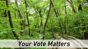 A picture of the boardwalk going through trees. It contains the text "Your Vote Matters".