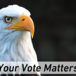a picture of an eagle's head. It contains a white banner near the bottom. It contains the text "Your Vote Matters".
