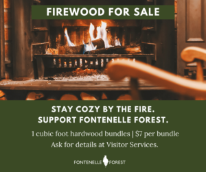 a picture of a rocking chair near a fire. It has the text, "FIREWOOD FOR SALE STAY COZY BY THE FIRE SUPPORT FONTENELLE FOREST 1 cubic foot hardwood bundles I  per bundle Ask for details at Visitor Services." and the Fontenelle Forest logo.