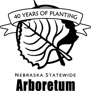 a black and white silhouette of a leaf. It has a banner over the top that says "40 YEARS OF PLANTING". Underneath it has the text, "NEBRASKA STATEWIDE Arboretum".