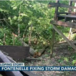 An image of fallen trees damaging the Fontenelle Forest Boardwalk overlayed by a news headline reading "Developing Story: Fontenelle Fixing Storm Damage."