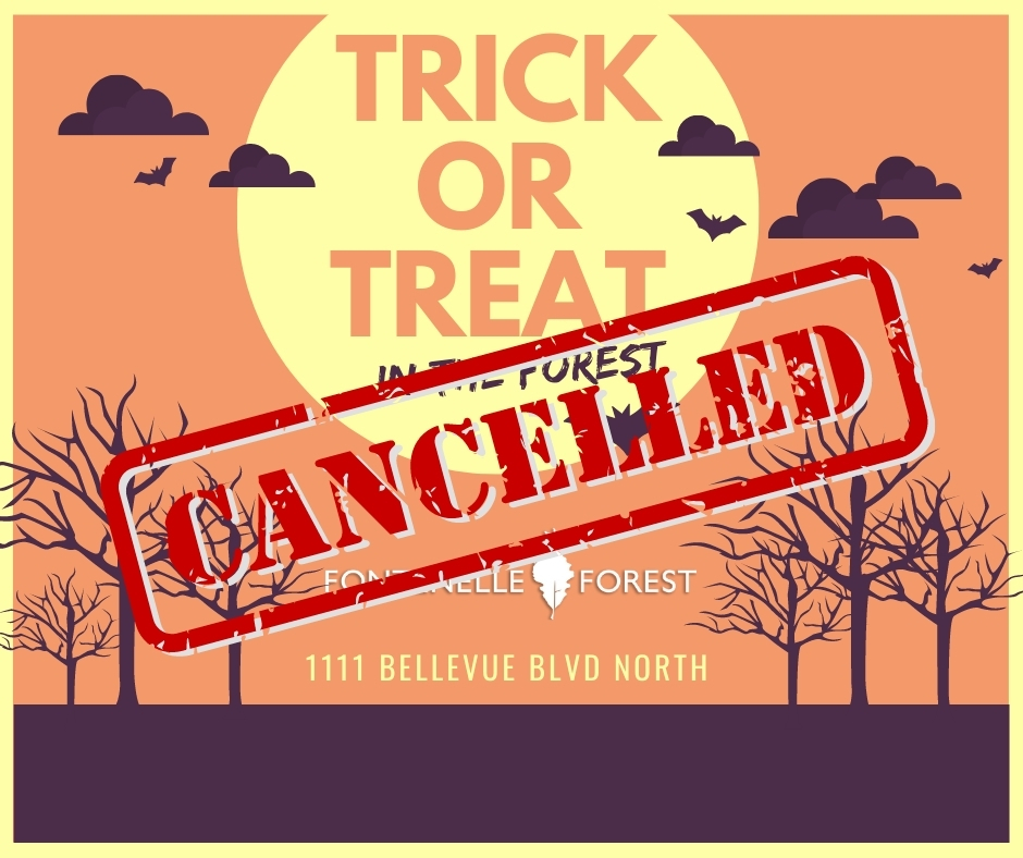 Dark trees and clouds silhouetted against an orange sky and big yellow moon overlayed with the words "Trick or Treat in the Forest," the Fontenelle Forest logo, and the address 1111 Bellevue Blvd North.