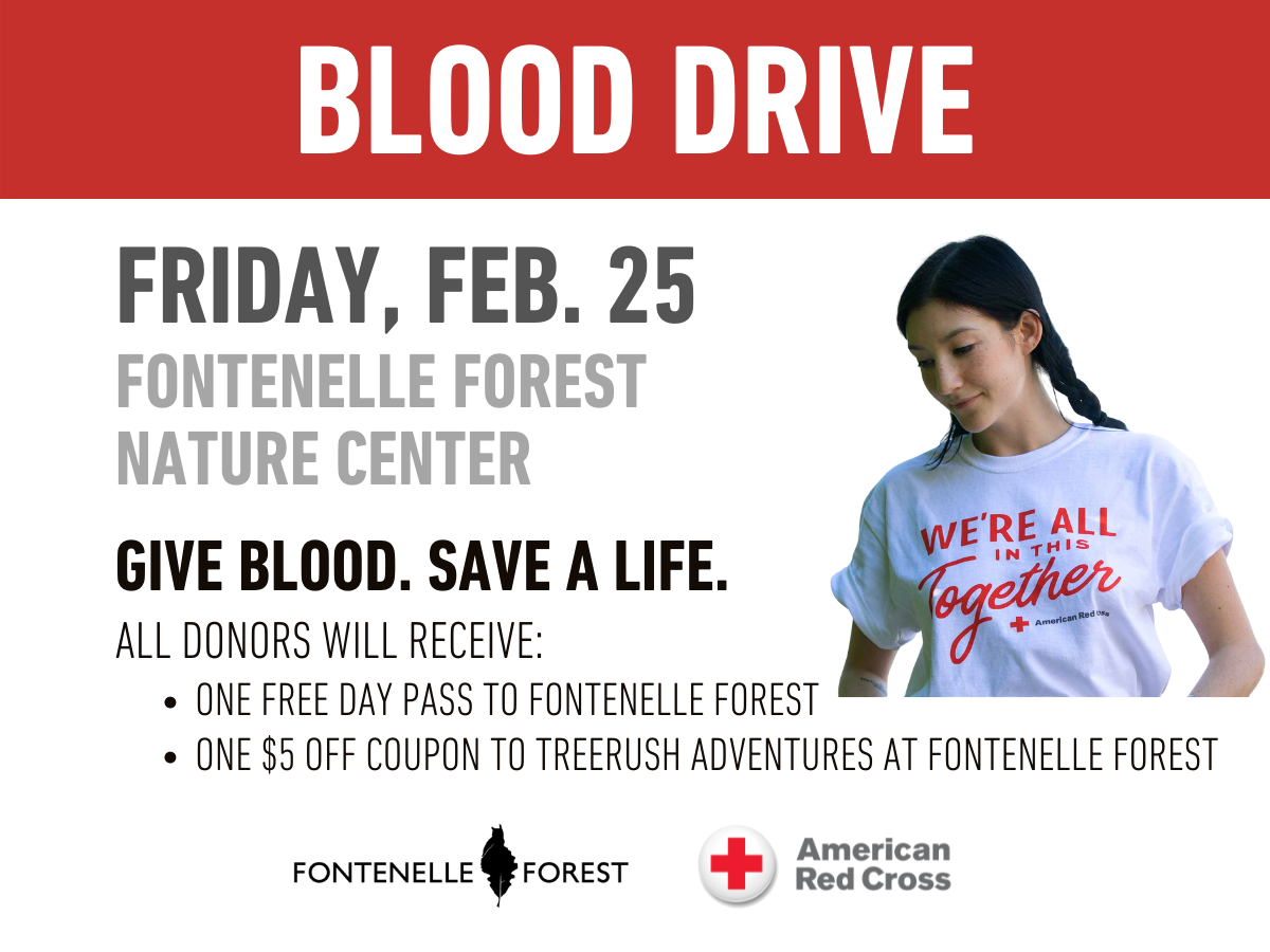 An image of a girl wearing an American Red Cross t-shirt overlayed by the words "Blood Drive. Friday, Feb. 25. Fontenelle Forest Nature Center. Give blood. Save a life. All donors will receive: one free day pass to Fontenelle Forest, one $5 off coupon to Treerush Adventures at Fontenelle Forest" and the Fontenelle Forest and American Red Cross logos.