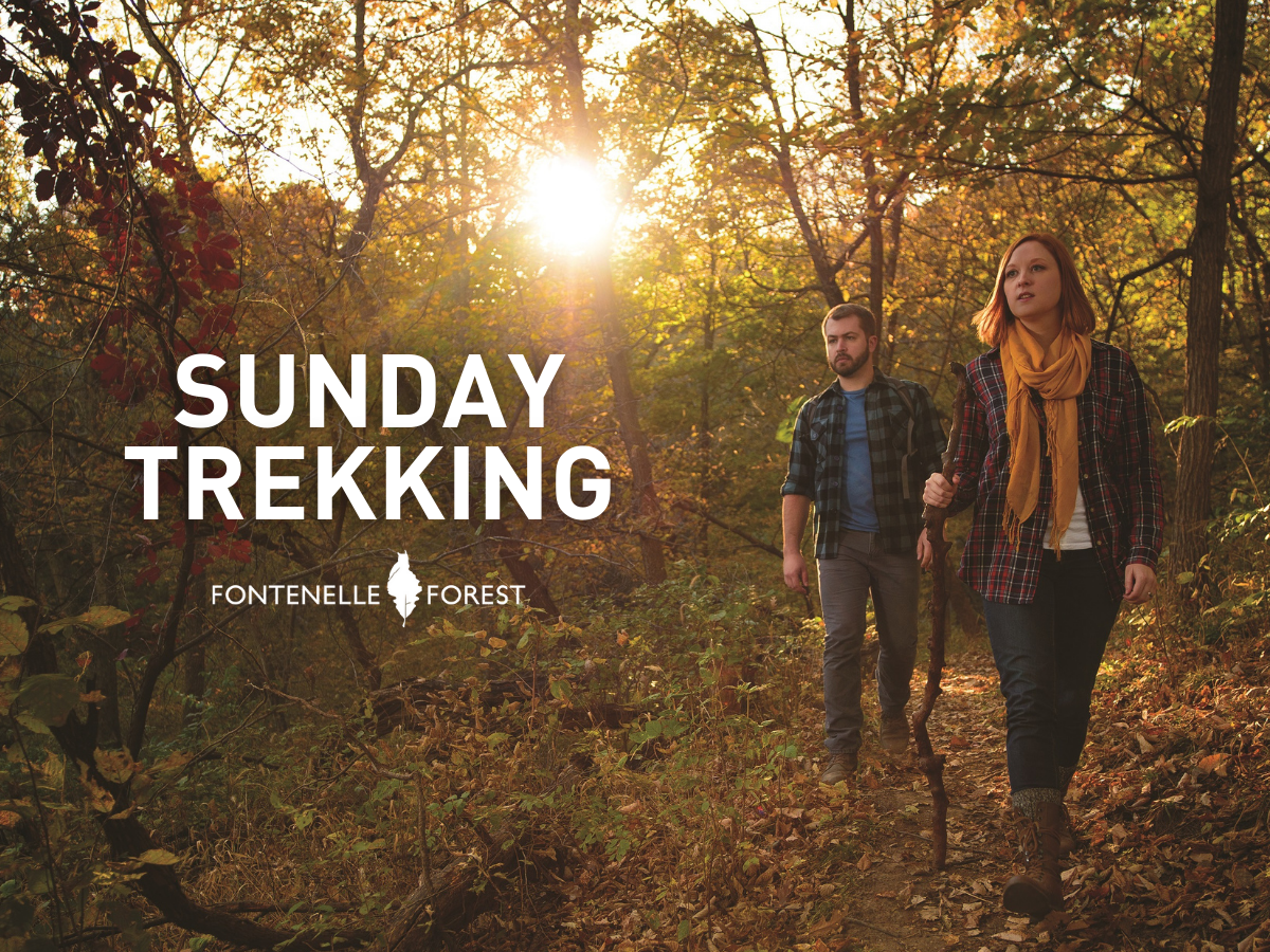 An image of a couple hiking on a path with the words "Sunday Trekking" and the Fontenelle Forest logo.