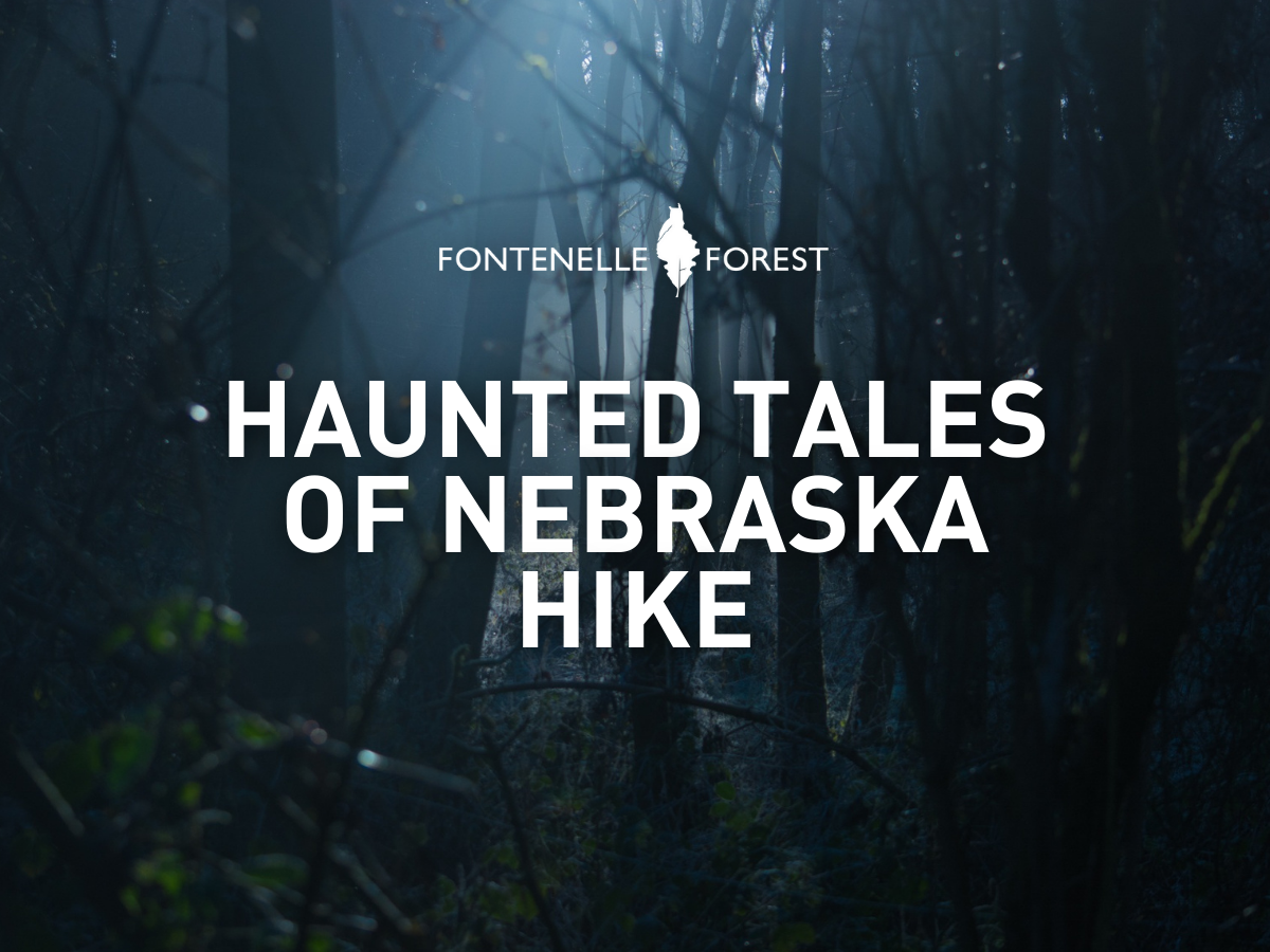 Spooky Woodland graphic overlayed by the words "Haunted Tales of Nebraska Hike" and the Fontenelle Forest logo.