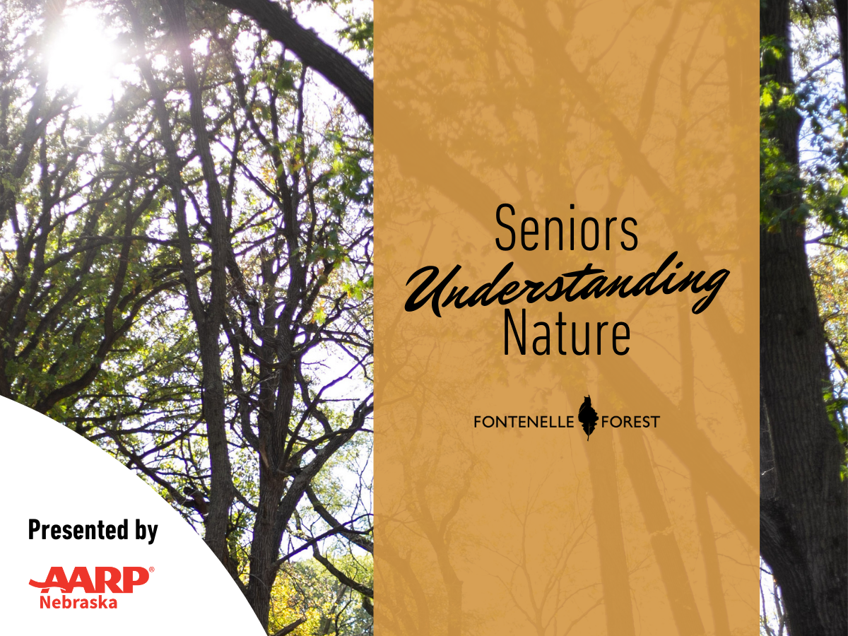 An image of the sun shining through tree branches overlayed by an orange banner displaying the words "Seniors Understanding Nature" underscored by the Fontenelle Forest logo. The lower left corner of the image displays the words "Presented by AARP Nebraska."