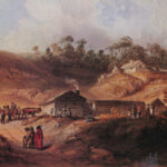 A watercolor painting of the trading post titled "The Bellevue Agency" by artist Karl Bodmer.