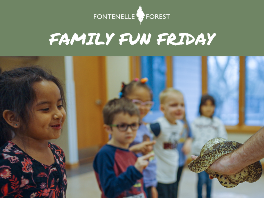 A picture of a group of children admiring a snake overlayed with the words "Family Fun Friday" with the Fontenelle Forrest logo.