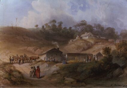 A watercolor painting of the trading post titled "The Bellevue Agency" by artist Karl Bodmer.