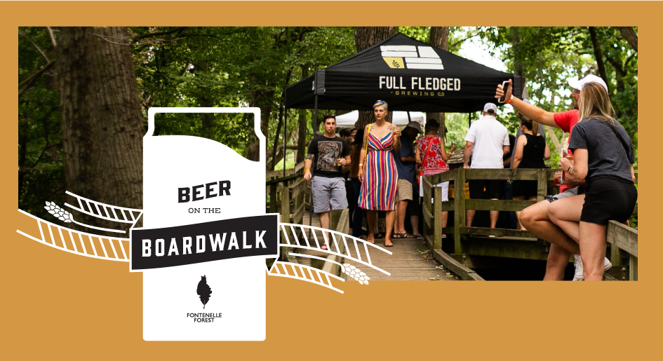 An image of people walking on a boardwalk with the Beer on the Boardwalk logo over it.