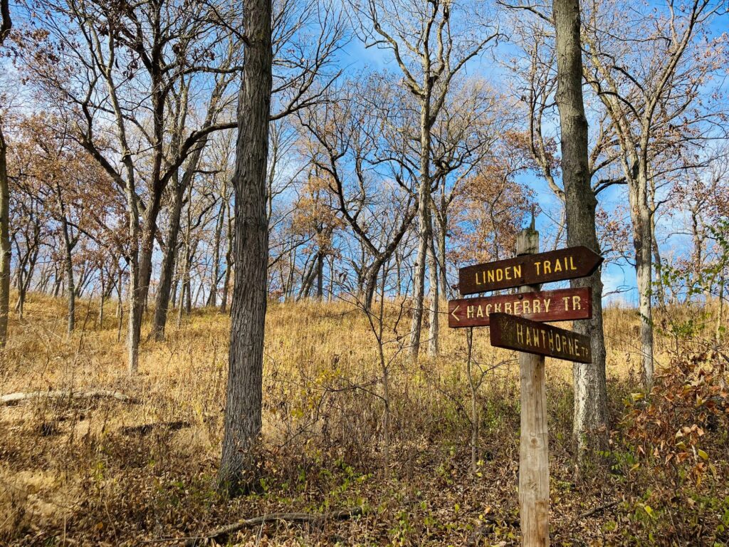 A photo of a trail sign at Fontenelle Forest that says Linden, Hackberry and Hawthron.